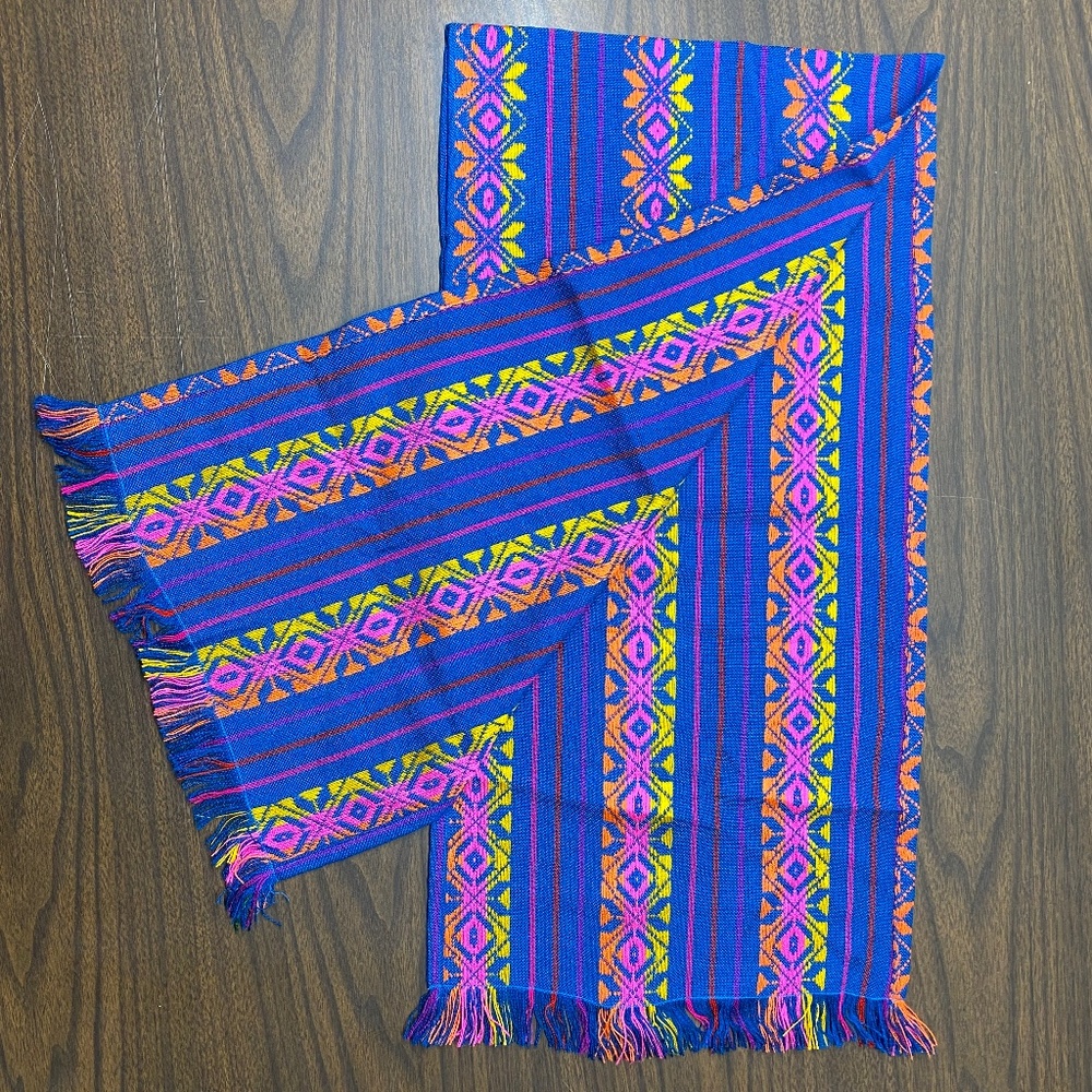 Vintage Blue Multi Woven Mexican Rebozo Shawl Wrap or Runner 48”